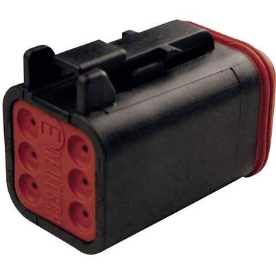 A black and red electrical connector with six circular pins and the inscription 'Deutsch'.