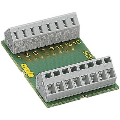 A green printed circuit board with two grey terminal strips, numbered from 1 to 15.