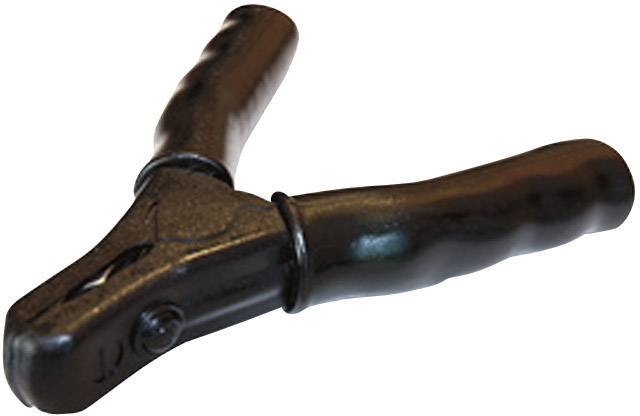 Close-up of a black battery pole adapter with rubber grips, typically used for connecting battery terminals in vehicles.