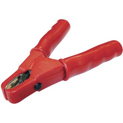 Red crocodile clip with insulated handle, used for electrical connections or batteries.