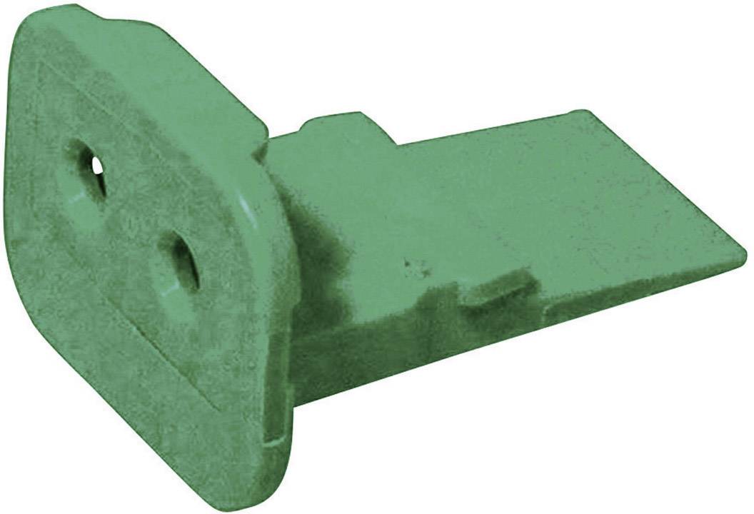 Green plastic plug with two holes, rectangular in shape with a flattened edge, used for electrical connections.