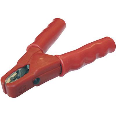 Red battery cable with terminal clamp, used for connecting car batteries.