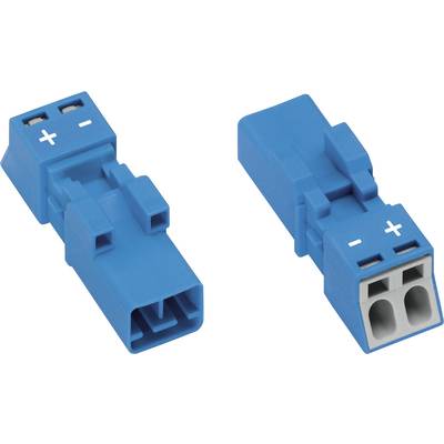 Two blue connector plugs with plus and minus symbols that enable an electrical connection.