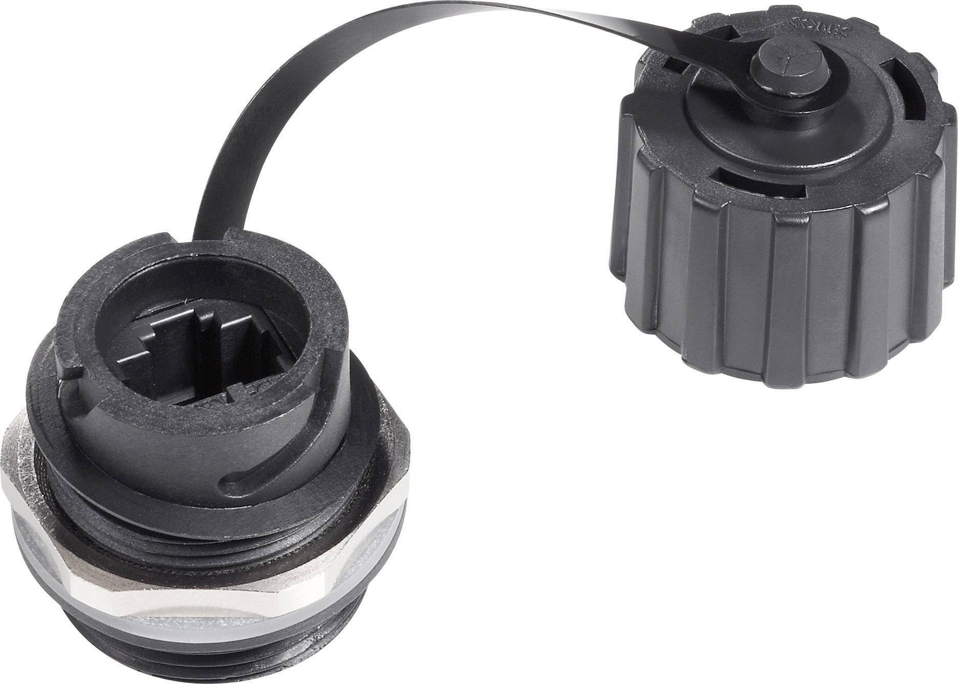 Black plastic cable gland with a removable cap, for cable entry, on a white background.