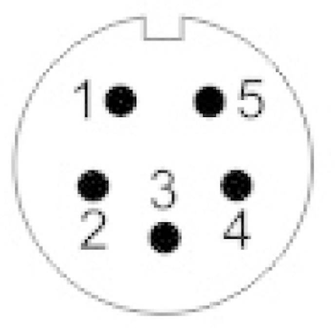 'Mini-DIN Connector Pinout: 5-pin, numbering clockwise from 1 to 5. Connector contacts arranged in a circle.'