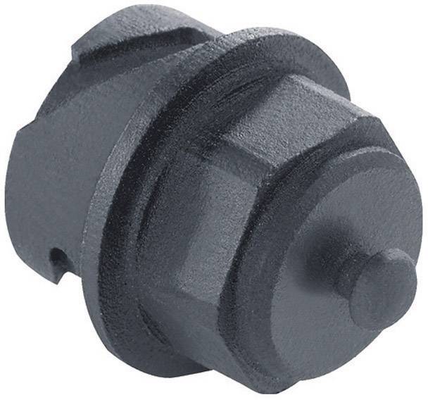 Grey, cylindrical metal piece with caps and grooves, possibly a machine component or connecting element.