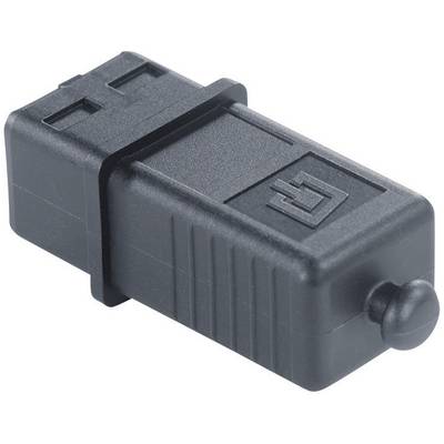 A black plastic adapter with a rectangular shape and a round connector at one end. Markings on the surface.