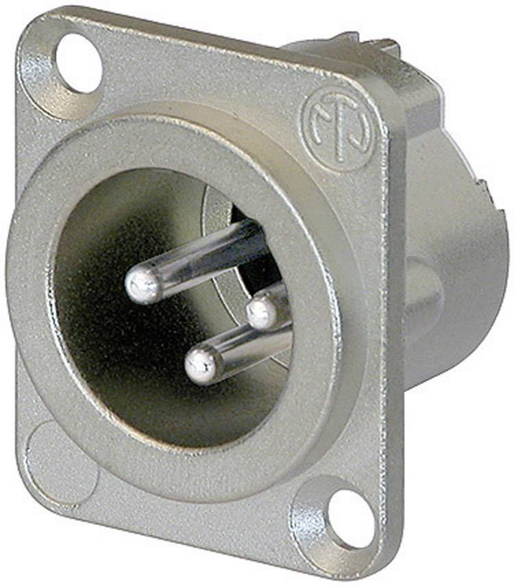 'Connector with two metal pins in a rectangular housing with mounting holes at the corners, top view.'