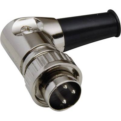 A silver angled plug with a black handle, featuring four pins and used for audio or electronic connections.