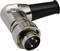 A silver angled plug with a black handle, featuring four pins and used for audio or electronic connections.
