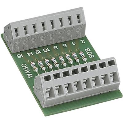 Terminal block with labelled connections from 1 to 16. Resistors connected on the circuit board. Used for electrical installations.