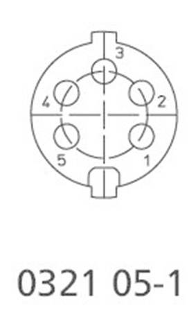 Technical drawing of a circular connector with five numbered terminals. Underneath is the reference number '0321 05-1'.