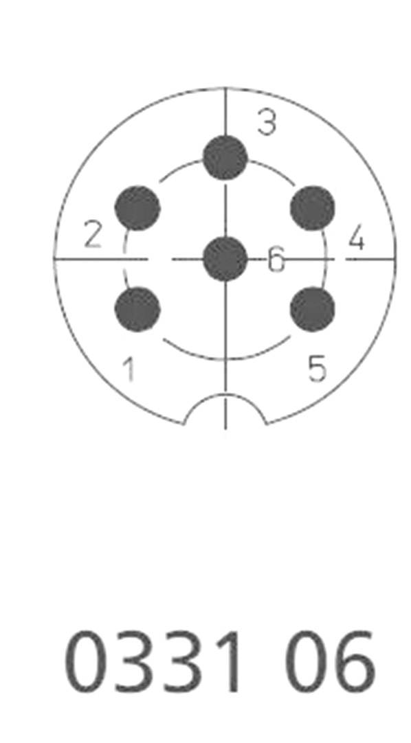Diagram of a six-pole plug with contacts numbered from 1 to 6. Below the diagram is the sequence of numbers '0331 06'.