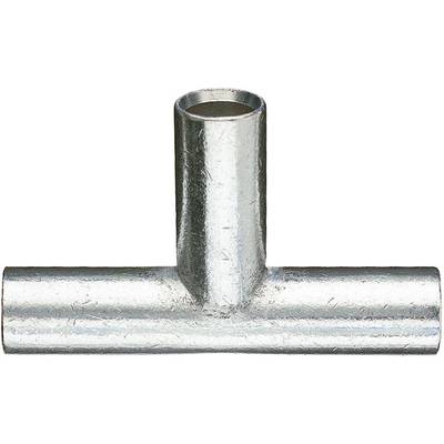 A metal T-piece used for pipe connections. It has three openings: two opposite horizontal ones and one vertical.