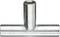 A metal T-piece used for pipe connections. It has three openings: two opposite horizontal ones and one vertical.