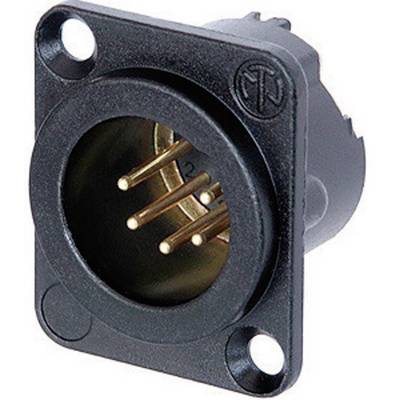 'Metal XLR connector with three gold-plated pins, mountable in equipment housing. Used for audio and microphone connections.'