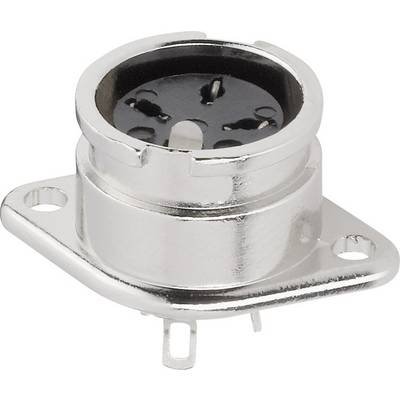 A round, silver connector plug with multiple pins, suitable for audio applications, mounted on a rectangular mounting plate.