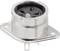 A round, silver connector plug with multiple pins, suitable for audio applications, mounted on a rectangular mounting plate.