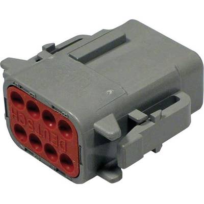 A grey electrical connector with six round terminals bordered in red.