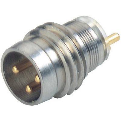 Silver metal plug with three golden pins, oriented towards the camera.