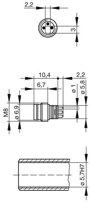 Technical drawing of a cylindrical connector with dimensions and thread details, top view above, cross-section below.