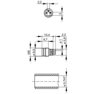 Technical drawing of a cylindrical connector with dimensions and thread details, top view above, cross-section below.