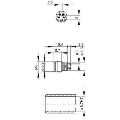 Technical drawing of a connector with dimensions: diameter at top 2.2 mm, length 10.4 mm, thread M8, bore 5, H7.