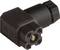 Black plastic plug with rectangular housing and round connection, suitable for electronic connections.
