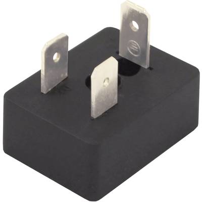 A black electronic rectifier with three metal terminals pointing upwards. Used in electrical circuits.