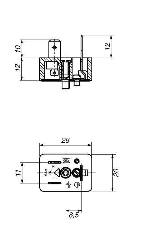 Technical drawing of a mechanical component with side view at the top and top-down view below, including dimensions and connection points.