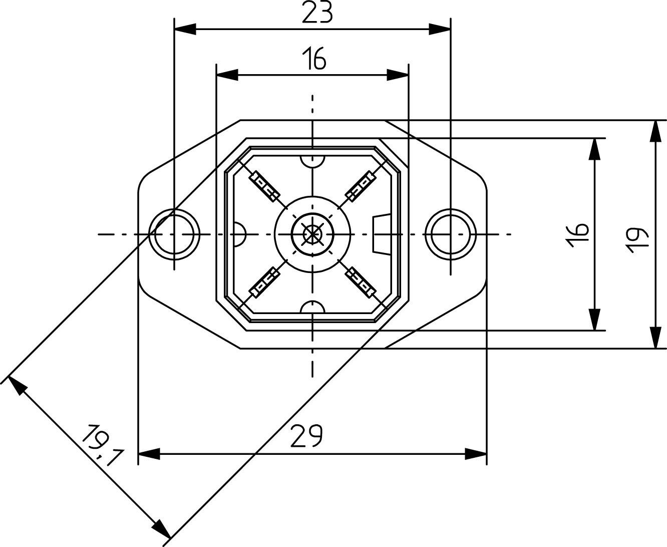 Technical drawing of a square component with multimeter connection. Dimensions: width 29, height 19.1. Mounting points marked.