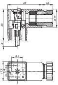 Technical drawing of a valve with dimensional specifications: Side and front views show details of the internal structure and connections.
