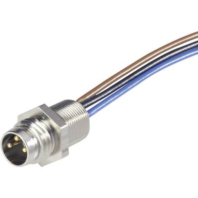 A four-pole electrical plug with colour-coded wires: brown, blue, black, and white.