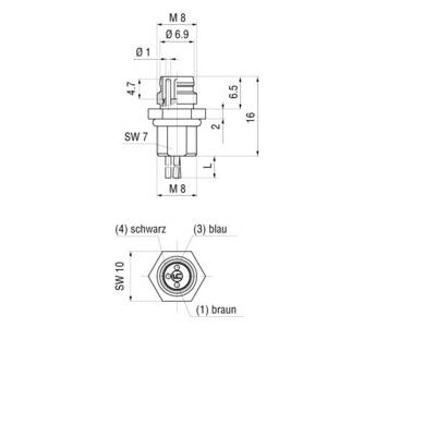 Technical drawing of a connector with dimensions and wire colour codes: black (4), blue (3), brown (1).
