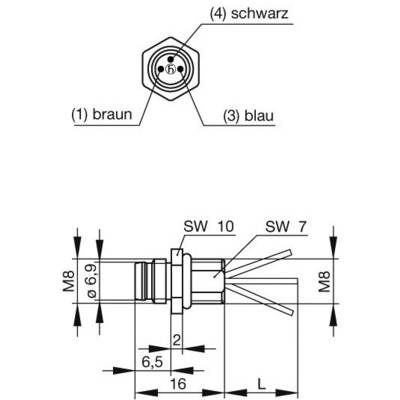 Technical drawing of a plug with dimensions: Length 16 mm, width specifications SW 10 and SW 7; Cable marked in 'brown', 'blue', 'black'.