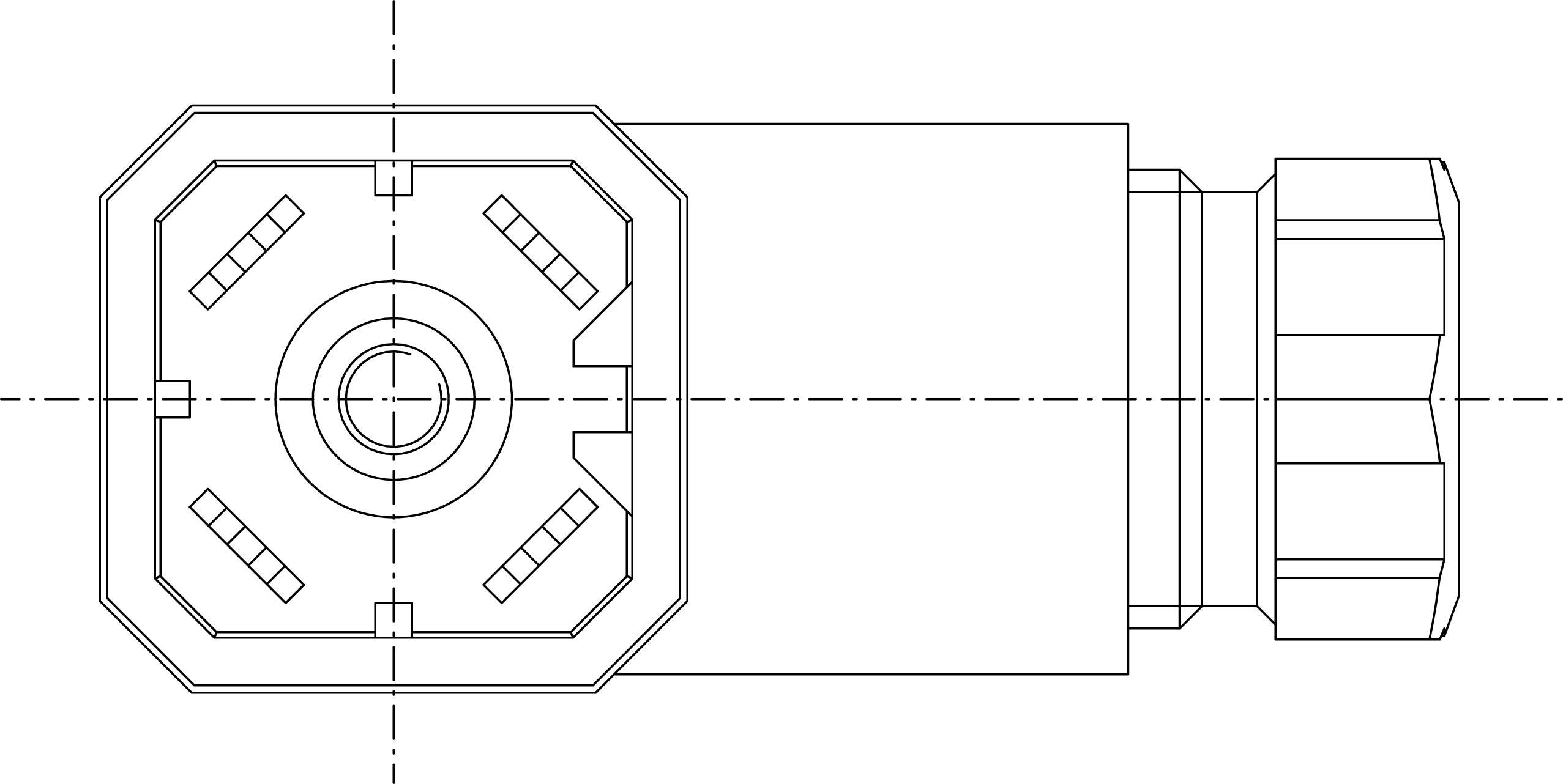 'Technical drawing of a square connector with a rotary lock on the right side. Top view.'