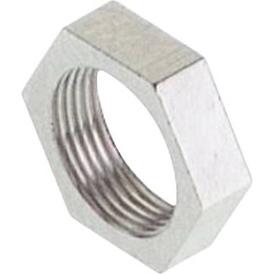 Metal hexagonal nut in silver finish, showing internal thread.
