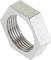 Metal hexagonal nut in silver finish, showing internal thread.