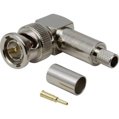 BNC connectors in components: angled adapter, metal sleeve and gold contact. Used in video and network technology.