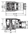 Technical drawing of an electrical connector with dimensions and internal components in cross-section.