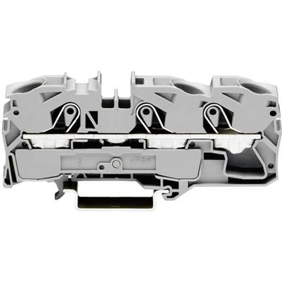 Grey electrical terminal strip with two connection points and metal connectors, side-mounted.