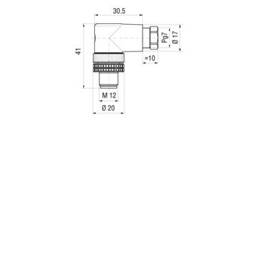 Technical drawing of an angled connector with dimensions: length 30.5 mm, height 41 mm, diameter 20 mm, thread M12.