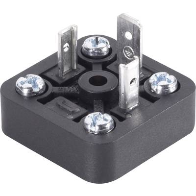 Black bridge rectifier housing with four metal tabs and screws at the corners, on a white background.