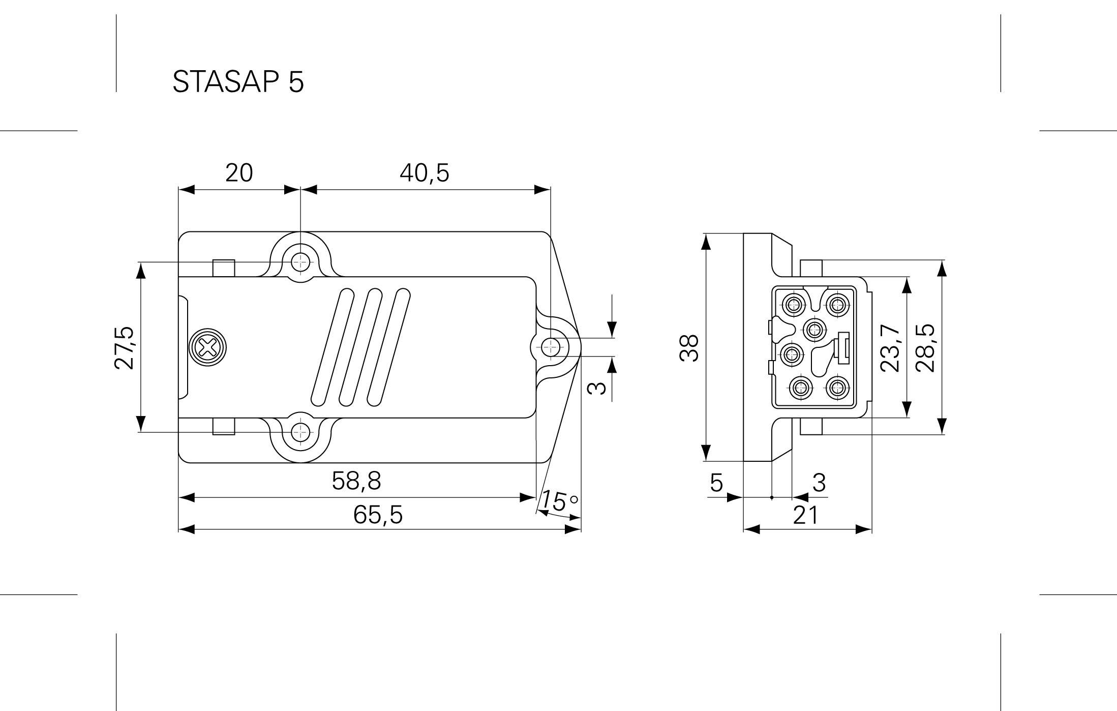 Technical drawing of a STASAP 5 device with detailed measurements and labels for the various components in millimetres.