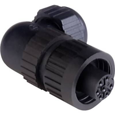 A black pipe connector with a ribbed surface and round cap, commonly used in irrigation systems.