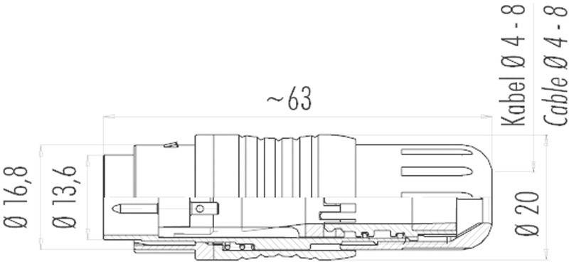 Cross-section of a plug on a technical drawing sheet, with dimensions: length approx. 63 mm, cable diameter 4-8 mm, plug width 20 mm.