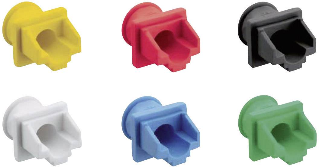 Six coloured plastic caps in yellow, red, black, white, blue and green. They are identically shaped and appear to be connectors.