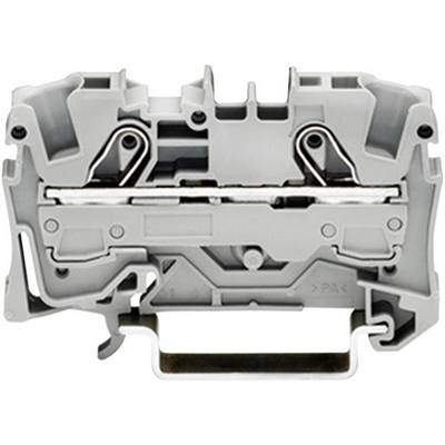 A grey electrical terminal block with two connection points, used for joining wires in electrical circuits.