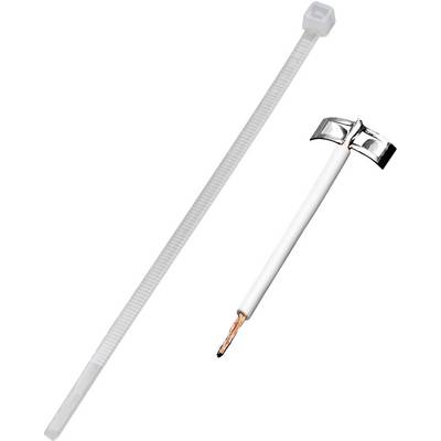 A white cable tie next to a coaxial cable with exposed copper wire, suitable for electrical assembly or installations.