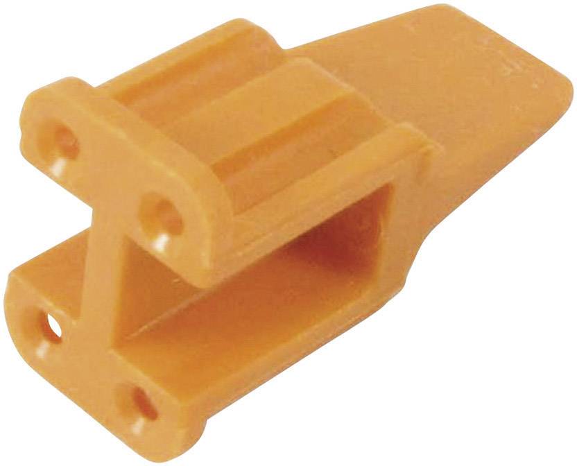 An orange plastic component with a rectangular shape and four round holes, potentially a connecting piece for mechanical purposes.